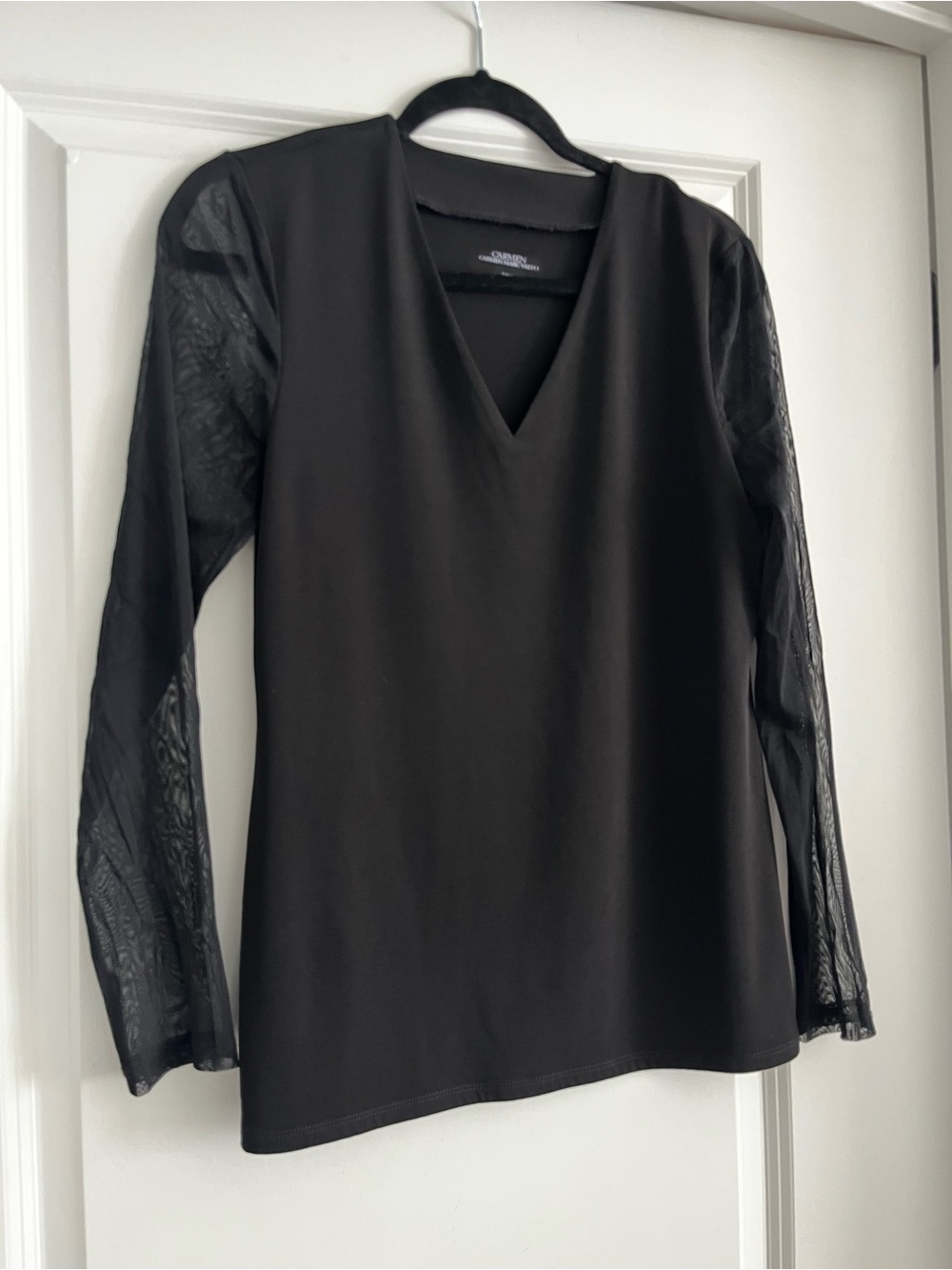 Chic V-Neck Black Long-Sleeve Top with Sheer Sleeves